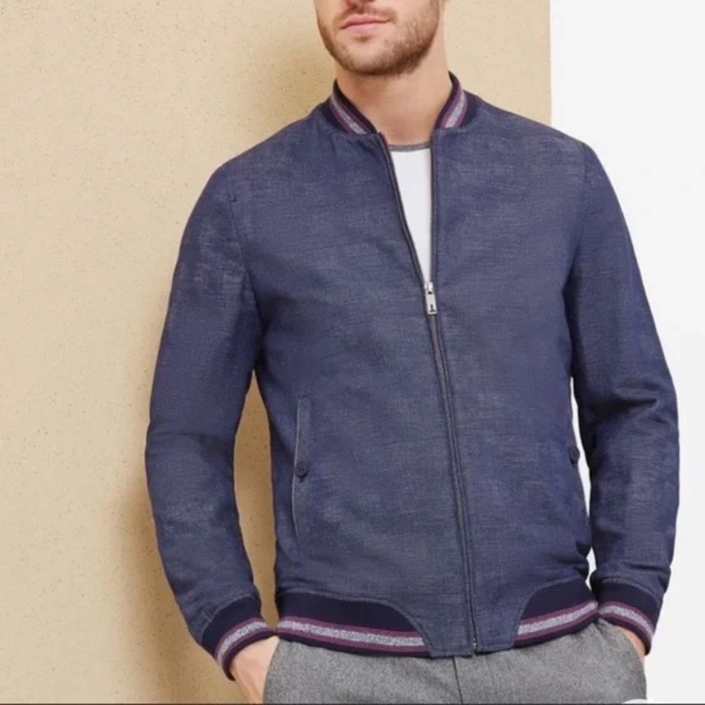 Ted Baker London Navy Blue Bomber Jacket with Stripe Trim